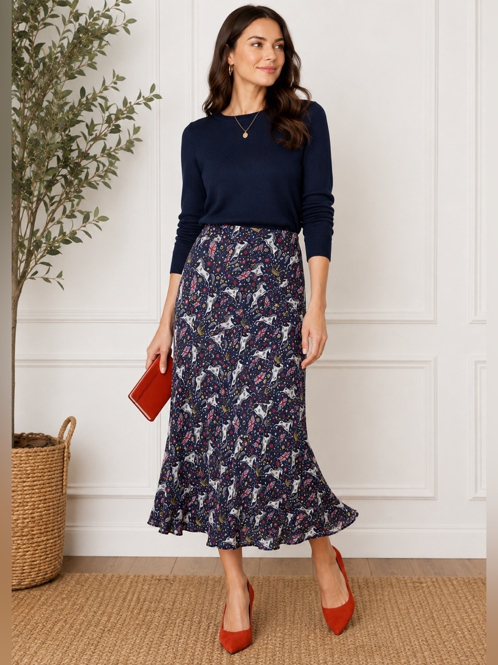 Boden Equestrian Union Jack Horse Print Midi Skirt Size US 12R - Picture 2 of 10